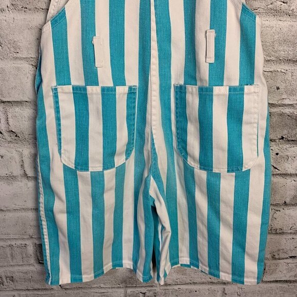 Vintage 90s Pink Soda Striped White Denim Bib Overalls Shortalls - Picture 7 of 9